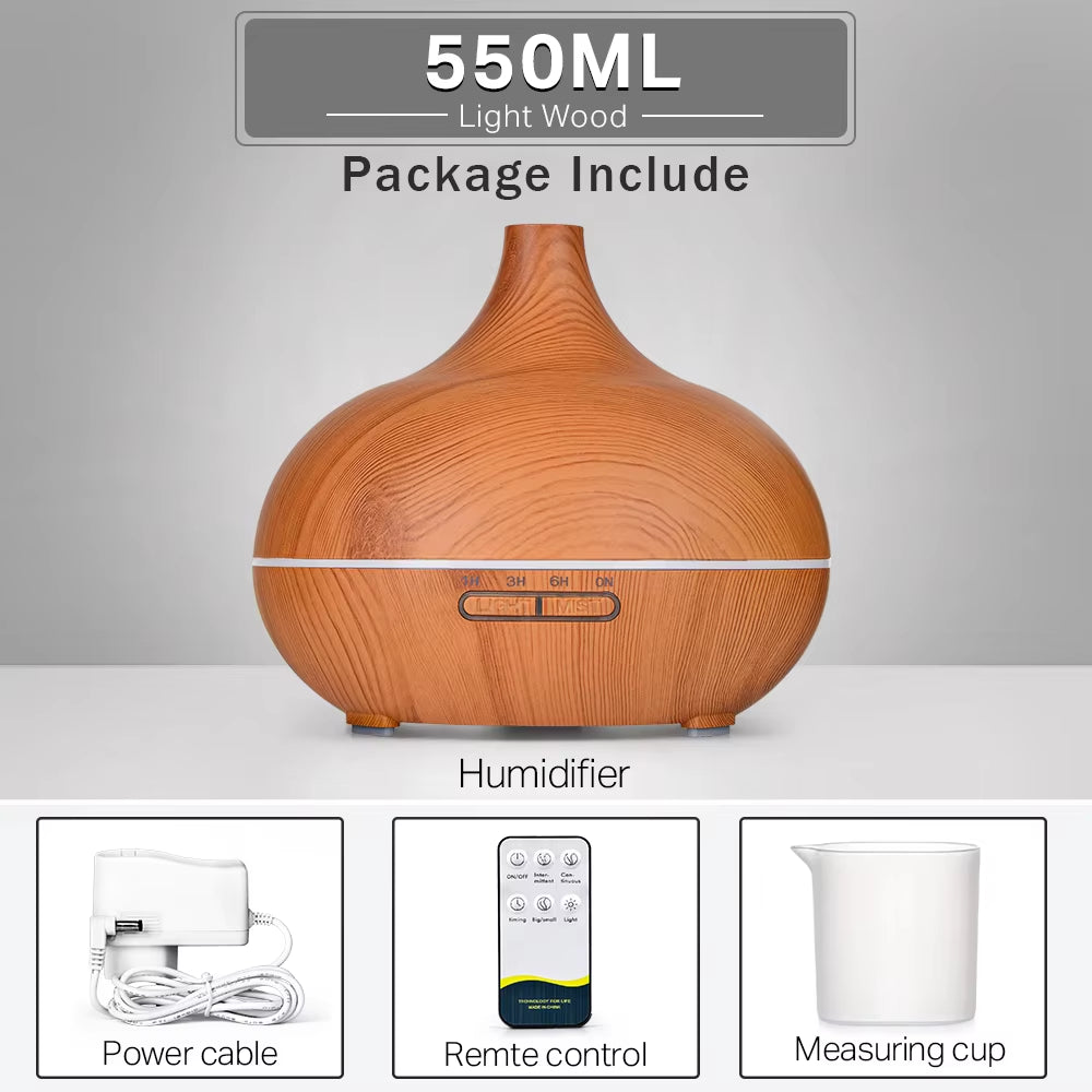 Ultrasonic Essential Oil Diffuser with Wood Grain Finish, Remote Control, and 7-Color LED Light Humidifier