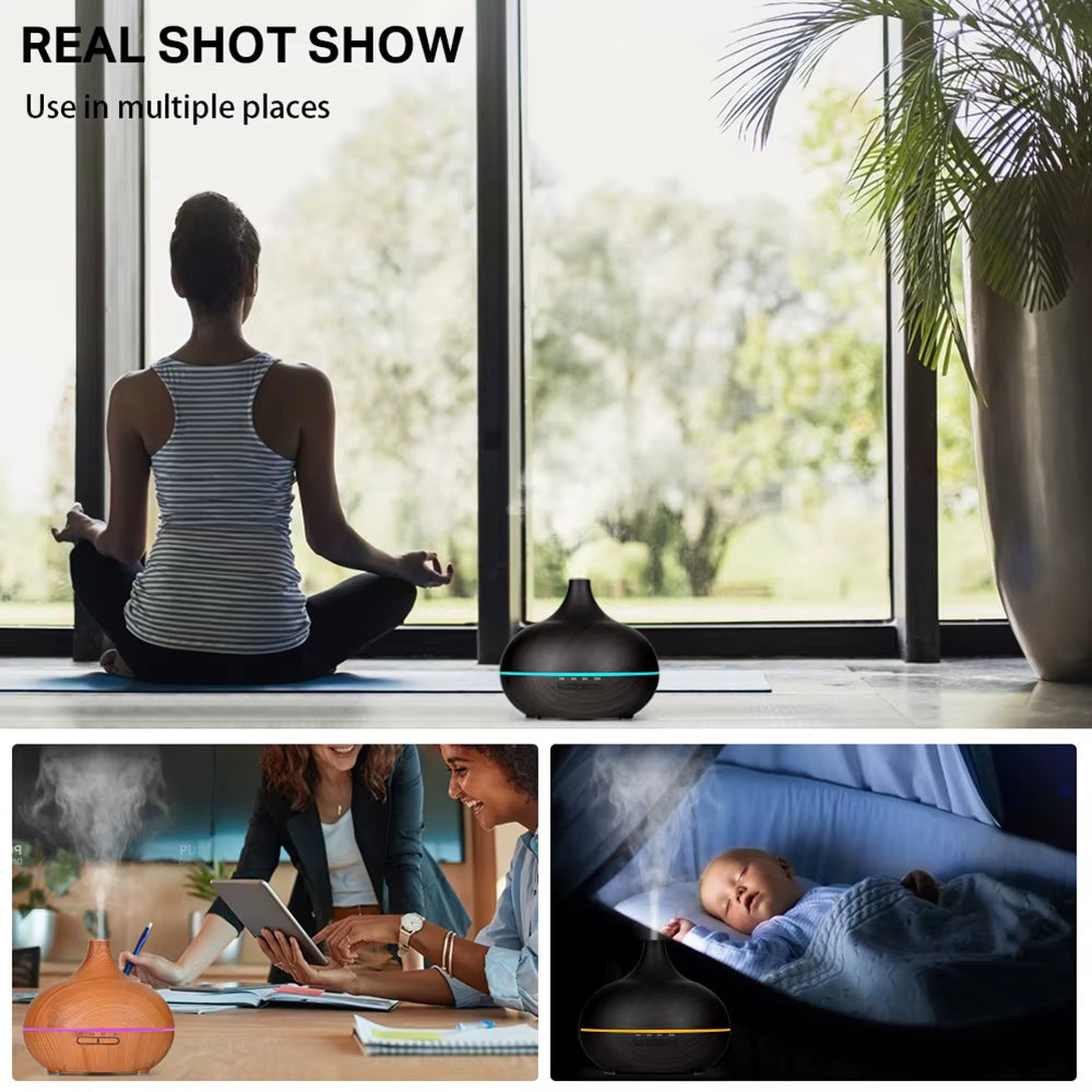 Ultrasonic Essential Oil Diffuser with Wood Grain Finish, Remote Control, and 7-Color LED Light Humidifier