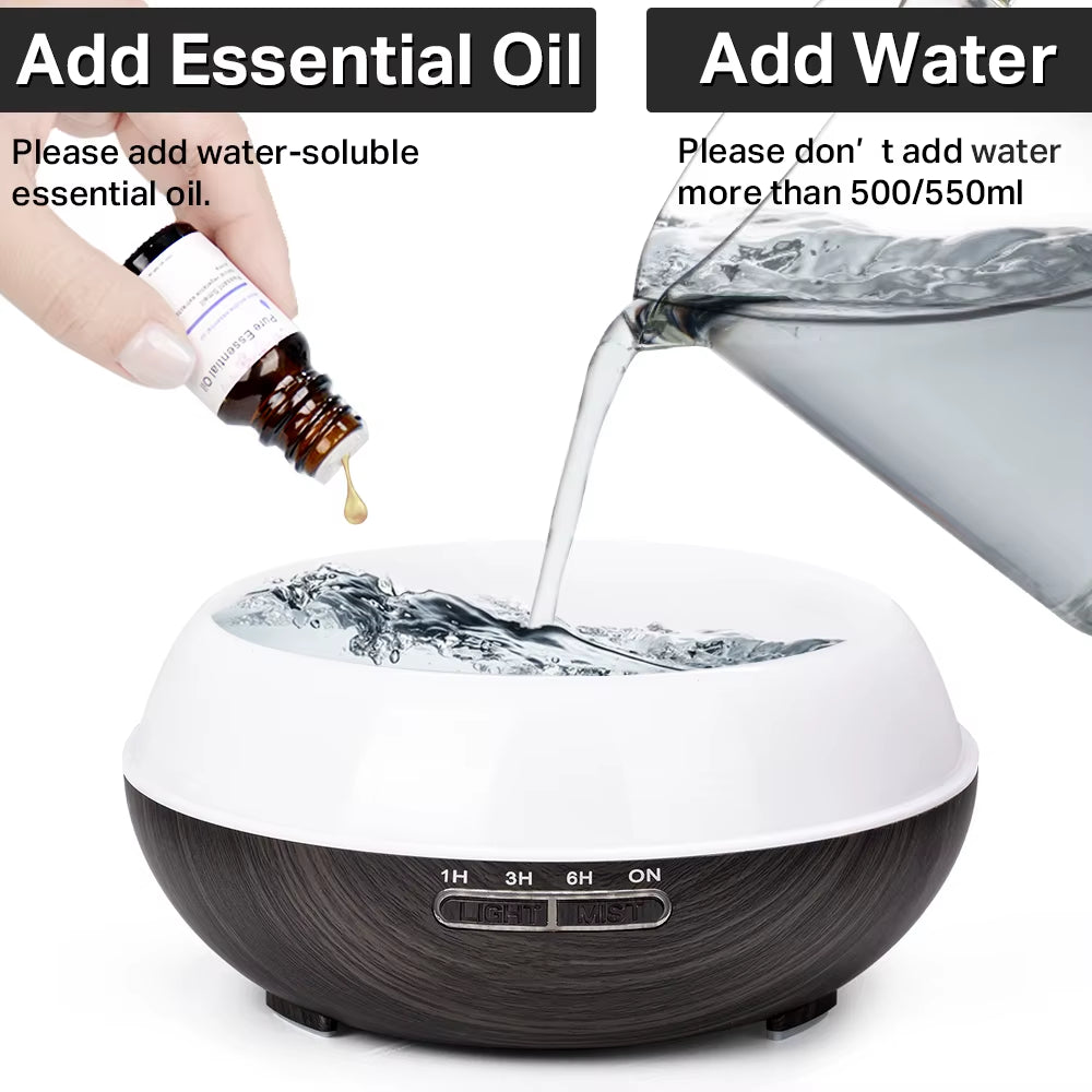 Ultrasonic Essential Oil Diffuser with Wood Grain Finish, Remote Control, and 7-Color LED Light Humidifier
