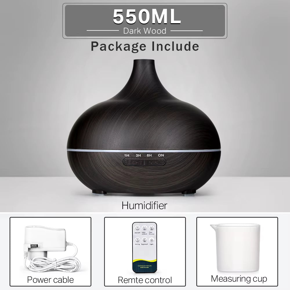Ultrasonic Essential Oil Diffuser with Wood Grain Finish, Remote Control, and 7-Color LED Light Humidifier