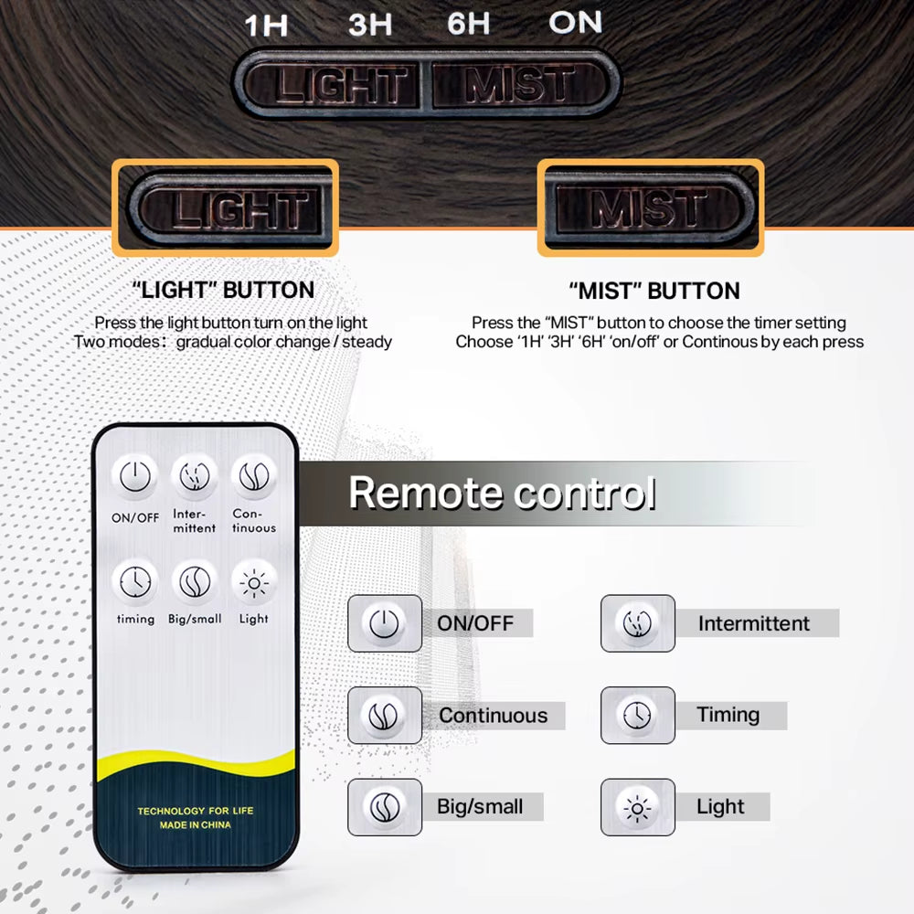 Ultrasonic Essential Oil Diffuser with Wood Grain Finish, Remote Control, and 7-Color LED Light Humidifier