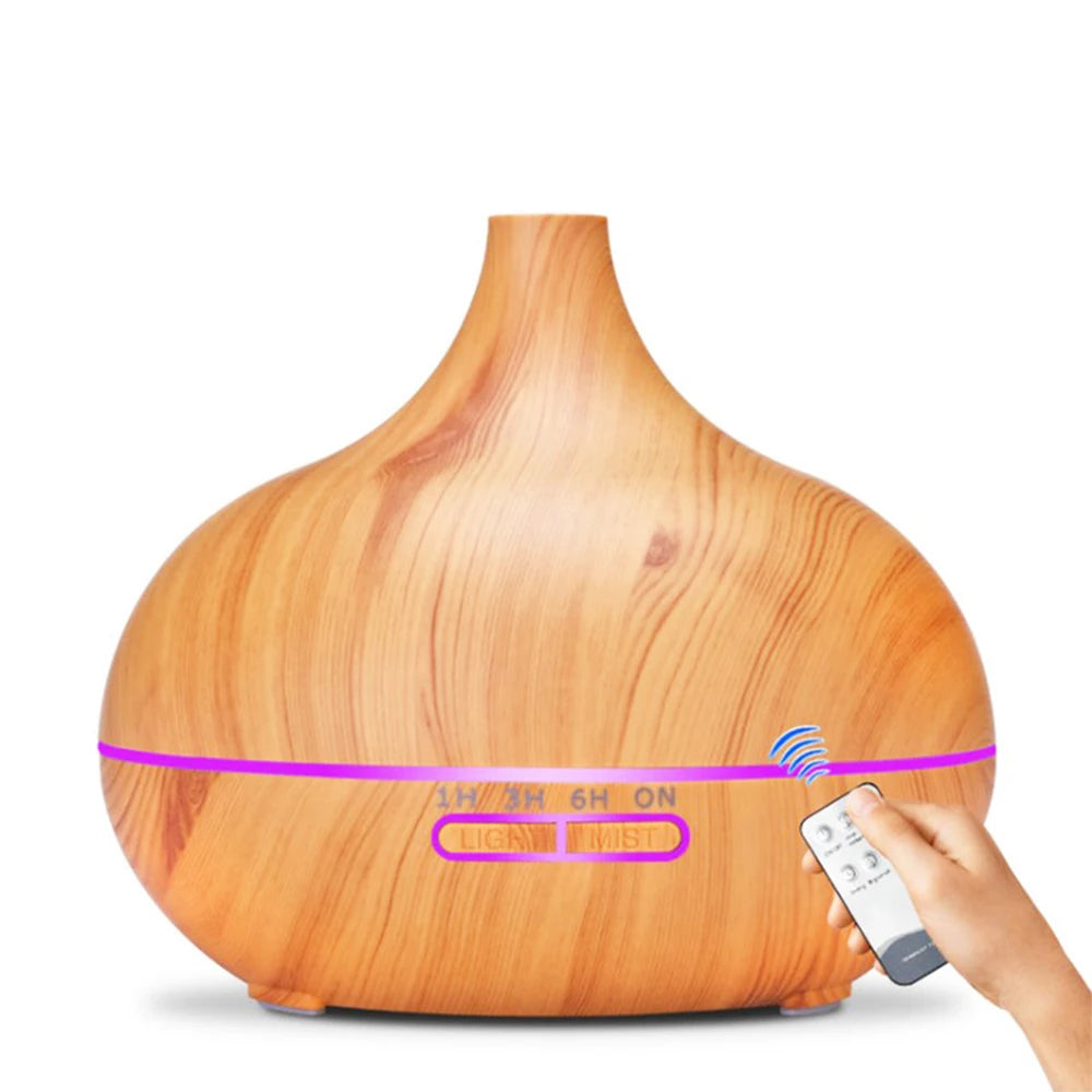 Ultrasonic Essential Oil Diffuser with Wood Grain Finish, Remote Control, and 7-Color LED Light Humidifier