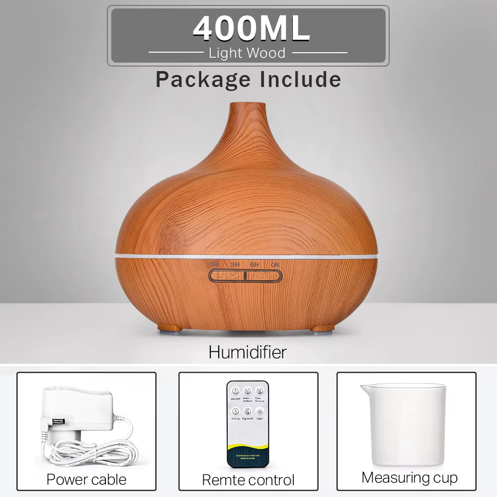 Ultrasonic Essential Oil Diffuser with Wood Grain Finish, Remote Control, and 7-Color LED Light Humidifier