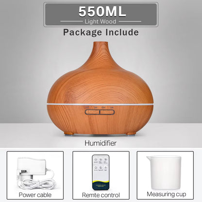 Ultrasonic Essential Oil Diffuser with Wood Grain Finish, Remote Control, and 7-Color LED Light Humidifier