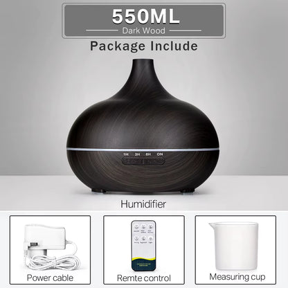 Ultrasonic Essential Oil Diffuser with Wood Grain Finish, Remote Control, and 7-Color LED Light Humidifier