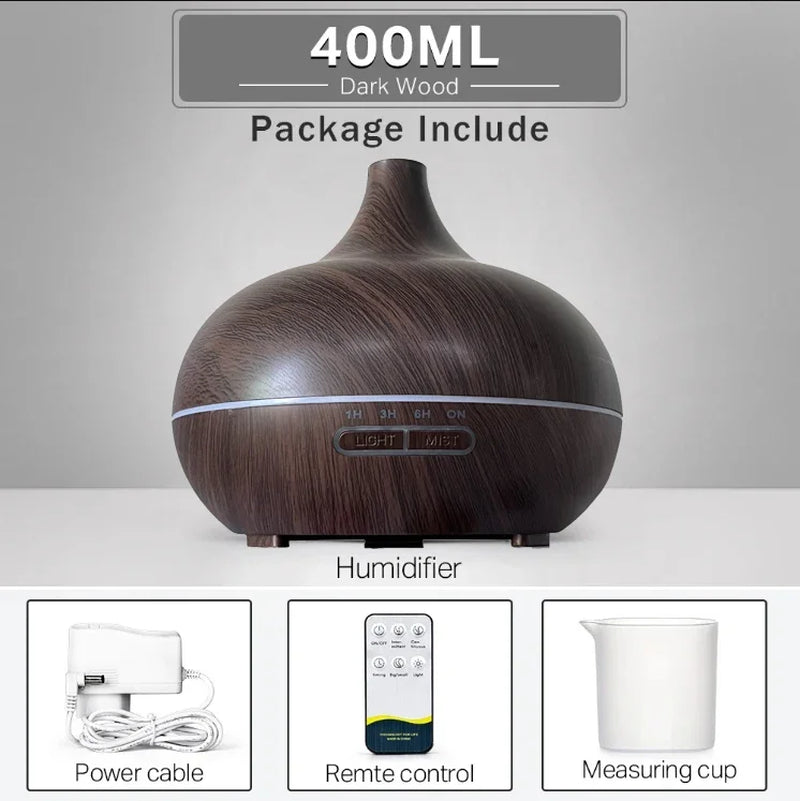 Ultrasonic Essential Oil Diffuser with Wood Grain Finish, Remote Control, and 7-Color LED Light Humidifier