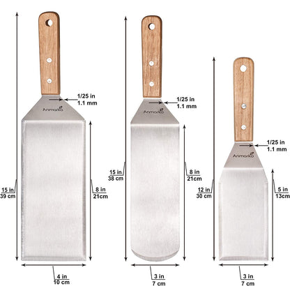 Stainless Steel Metal Spatula Set - Teppaniyaki Spatulas - Griddle Scraper Flat Spatula Pancake Flipper Hamburger Turner - Metal Utensil Great for BBQ Grill Flat Top Cast Iron Griddle Accessories