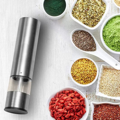 Stainless Steel Electric Pepper Grinder for Spices and Sea Salt - Adjustable Coarseness for Kitchen and Outdoor Barbecue Use