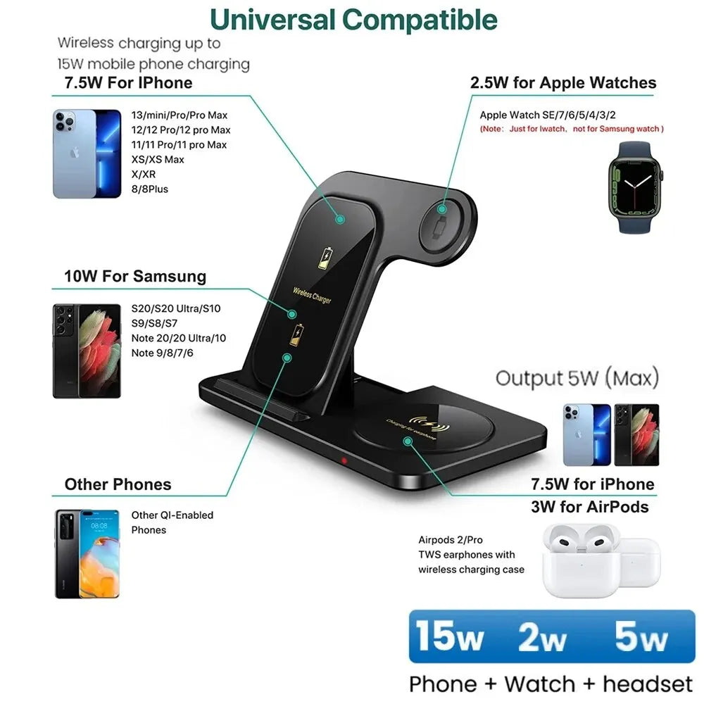Elevate Your Charging Game: 3-in-1 Wireless Charging Stand for iPhone 15/14/13/12/X Max, Apple Watch Series 8/7/SE, and AirPods Pro - Foldable and Fast!