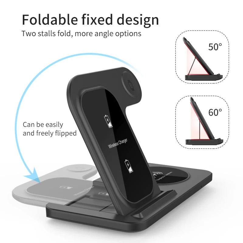Elevate Your Charging Game: 3-in-1 Wireless Charging Stand for iPhone 15/14/13/12/X Max, Apple Watch Series 8/7/SE, and AirPods Pro - Foldable and Fast!