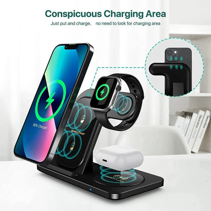 Elevate Your Charging Game: 3-in-1 Wireless Charging Stand for iPhone 15/14/13/12/X Max, Apple Watch Series 8/7/SE, and AirPods Pro - Foldable and Fast!