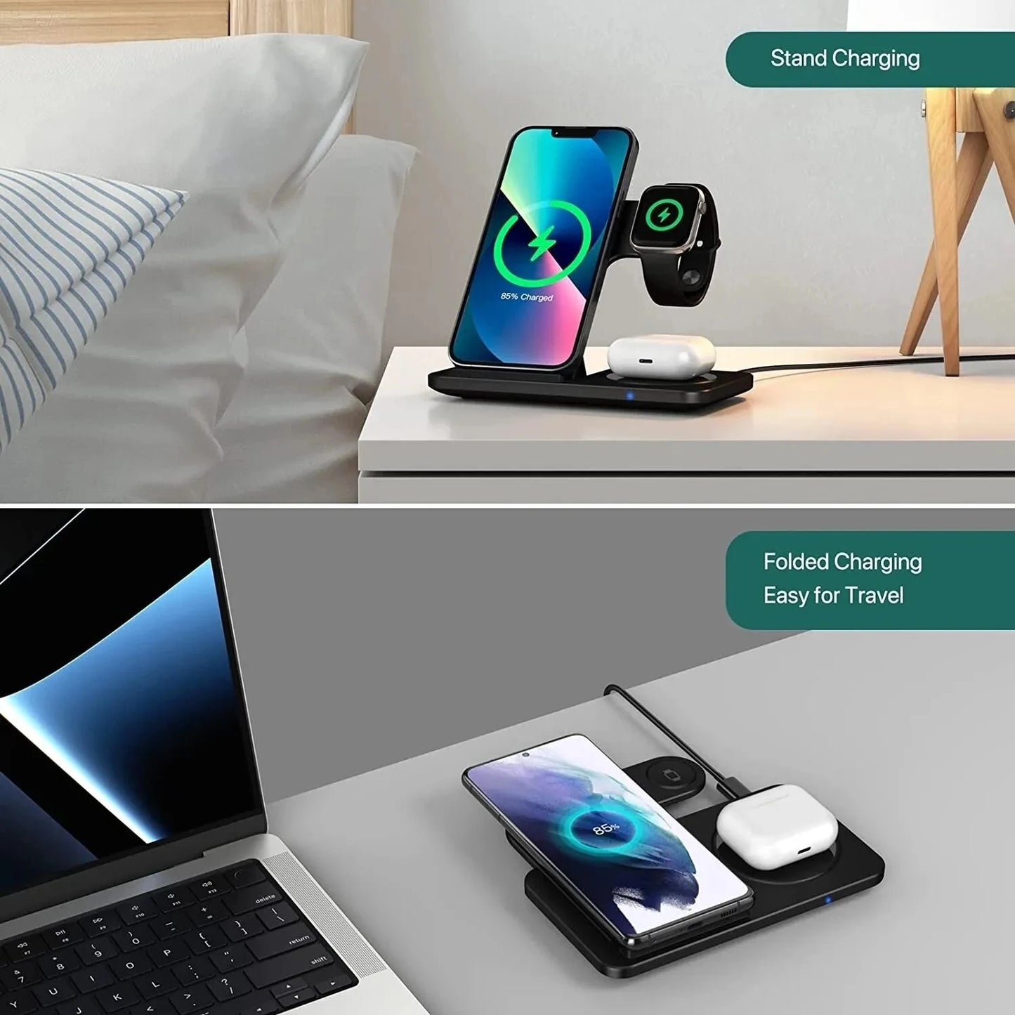 Elevate Your Charging Game: 3-in-1 Wireless Charging Stand for iPhone 15/14/13/12/X Max, Apple Watch Series 8/7/SE, and AirPods Pro - Foldable and Fast!