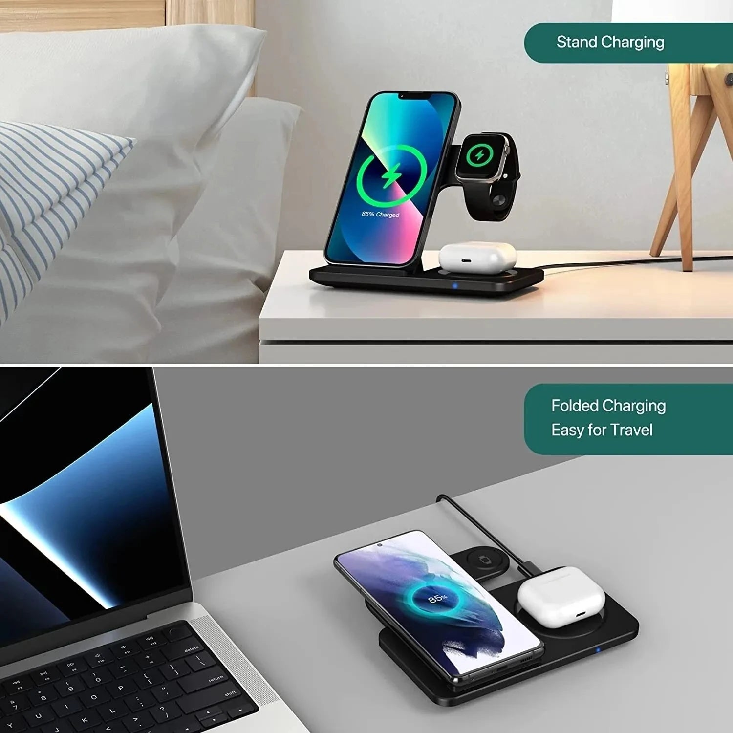 Elevate Your Charging Game: 3-in-1 Wireless Charging Stand for iPhone 15/14/13/12/X Max, Apple Watch Series 8/7/SE, and AirPods Pro - Foldable and Fast!