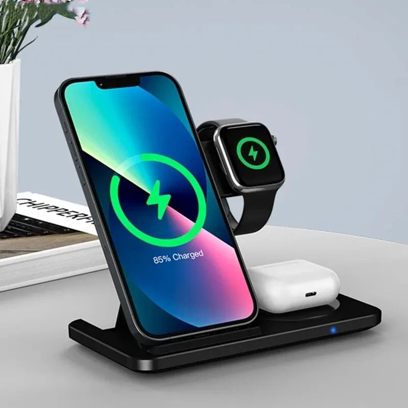 Elevate Your Charging Game: 3-in-1 Wireless Charging Stand for iPhone 15/14/13/12/X Max, Apple Watch Series 8/7/SE, and AirPods Pro - Foldable and Fast!
