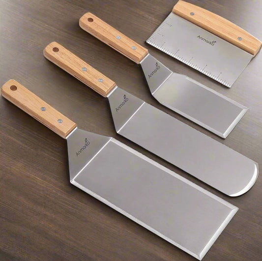 Stainless Steel Metal Spatula Set - Teppaniyaki Spatulas - Griddle Scraper Flat Spatula Pancake Flipper Hamburger Turner - Metal Utensil Great for BBQ Grill Flat Top Cast Iron Griddle Accessories
