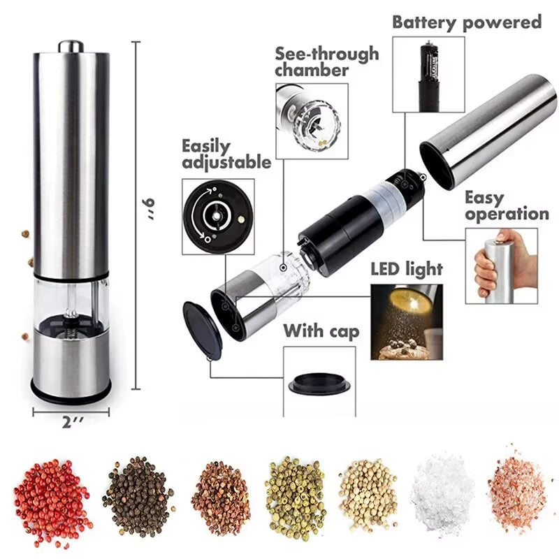 Stainless Steel Electric Pepper Grinder for Spices and Sea Salt - Adjustable Coarseness for Kitchen and Outdoor Barbecue Use